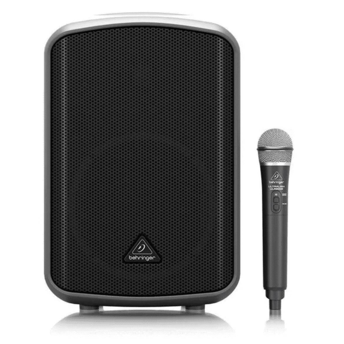 Bluetooth speaker hire. Black battery powered speaker with a wireless microphone