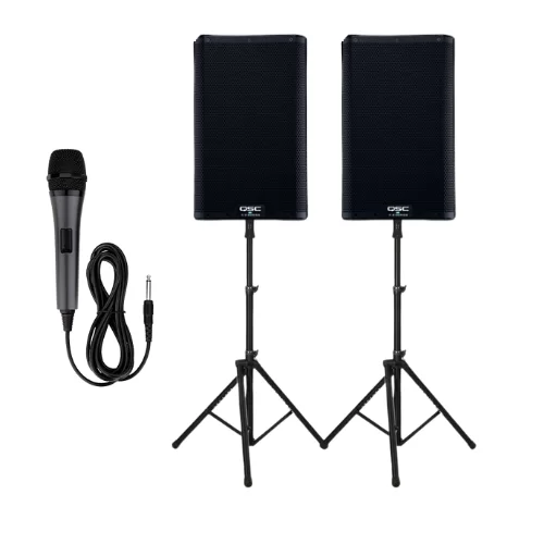PA system hire. 2x speakers on black stands with a corded microphone